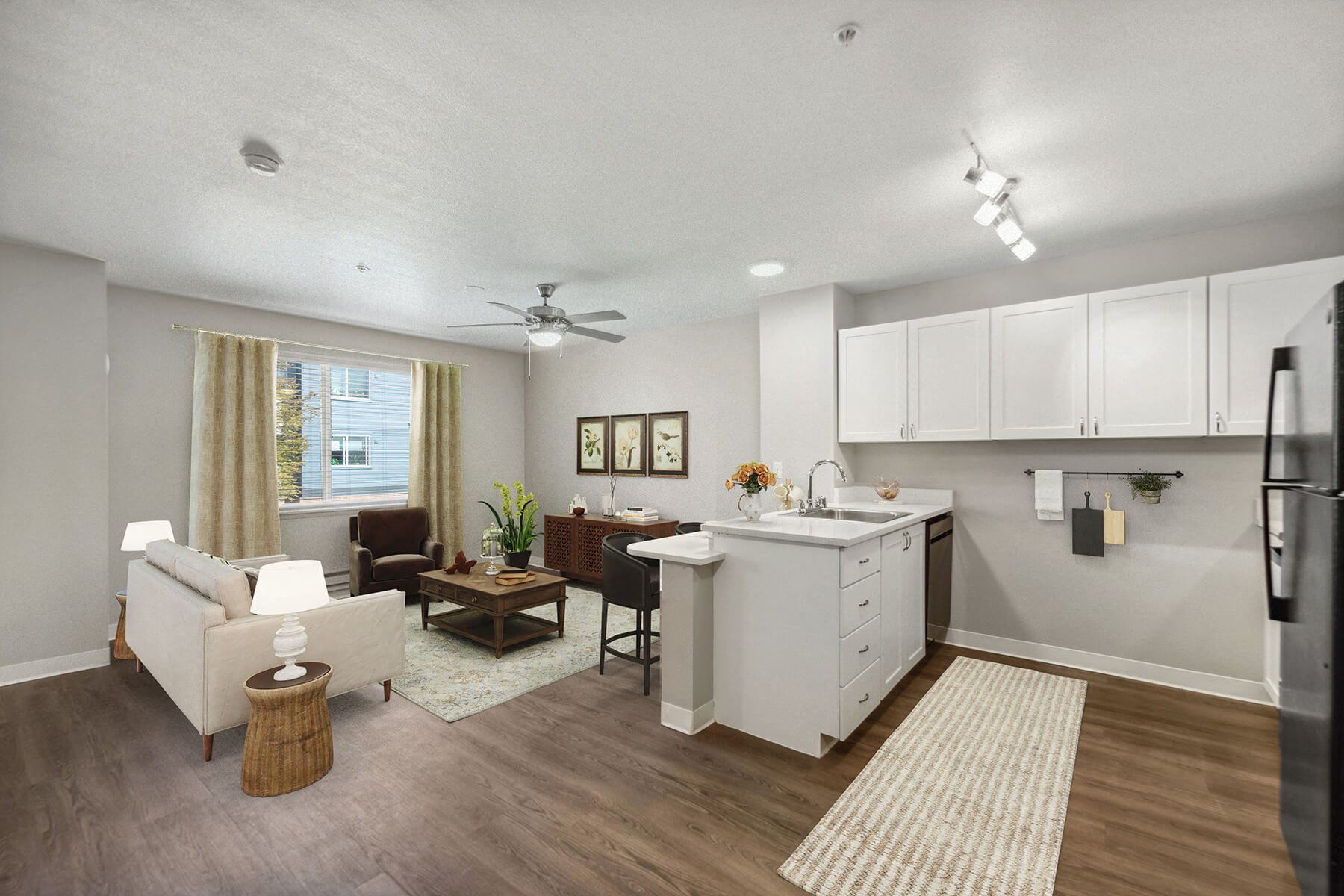 Model Kitchen and Living Room at Auburn Court Apartments in Auburn WA